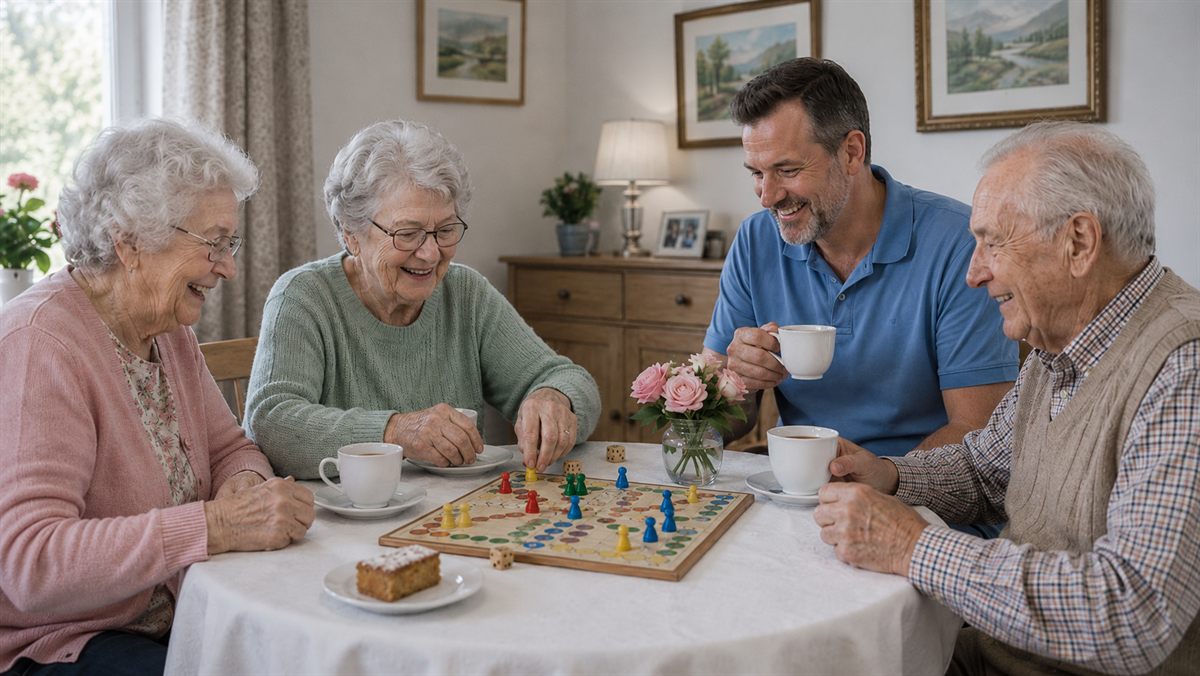 Senioren genießen Kaffee und Kuchen im Betreuungs-Café